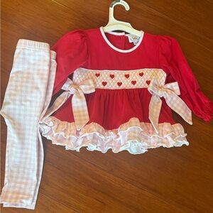 Red & Pink Heart Smocked Top with Pink Gingham Leggings